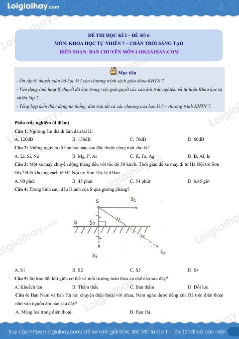 Đề thi học kì 1 KHTN 7 Chân trời sáng tạo - Đề số 6